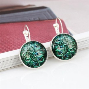 Peacock Feather Round Glass Gem High Fashion Clip Earrings - Silver