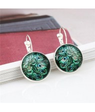 Peacock Feather Round Glass Gem High Fashion Clip Earrings - Silver