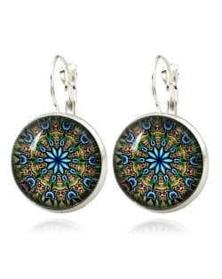 Kaleidoscope Floral Patterns Round Glass Gem High Fashion Clip Earrings - Silver