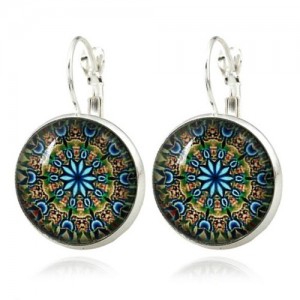 Kaleidoscope Floral Patterns Round Glass Gem High Fashion Clip Earrings - Silver