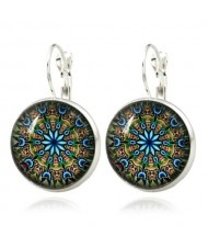 Kaleidoscope Floral Patterns Round Glass Gem High Fashion Clip Earrings - Silver
