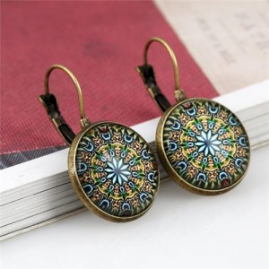Kaleidoscope Floral Patterns Round Glass Gem High Fashion Clip Earrings - Vintage Copper