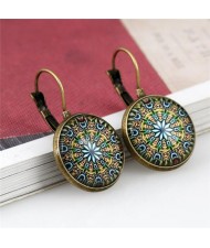 Kaleidoscope Floral Patterns Round Glass Gem High Fashion Clip Earrings - Vintage Copper