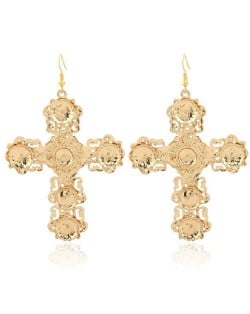 Abstract Hollow Floral Giant Cross Design High Fashion Women Statement Earrings - Golden