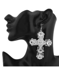 Abstract Hollow Floral Giant Cross Design High Fashion Women Statement Earrings - Silver