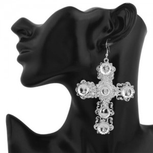 Abstract Hollow Floral Giant Cross Design High Fashion Women Statement Earrings - Silver