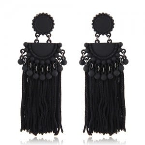 Chunky Threads Tassels Bohemian High Fashion Statement Earrings - Black