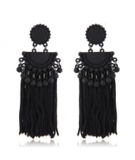 Chunky Threads Tassels Bohemian High Fashion Statement Earrings - Black