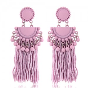 Chunky Threads Tassels Bohemian High Fashion Statement Earrings - Violet