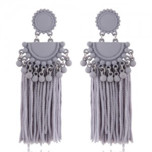 Chunky Threads Tassels Bohemian High Fashion Statement Earrings - Gray