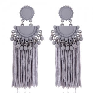 Chunky Threads Tassels Bohemian High Fashion Statement Earrings - Gray