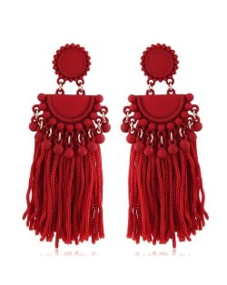 Chunky Threads Tassels Bohemian High Fashion Statement Earrings - Red