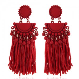 Chunky Threads Tassels Bohemian High Fashion Statement Earrings - Red