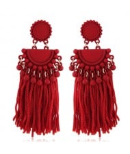 Chunky Threads Tassels Bohemian High Fashion Statement Earrings - Red