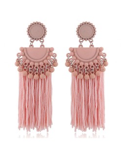 Chunky Threads Tassels Bohemian High Fashion Statement Earrings - Pink