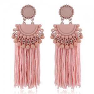 Chunky Threads Tassels Bohemian High Fashion Statement Earrings - Pink