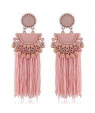 Chunky Threads Tassels Bohemian High Fashion Statement Earrings - Pink
