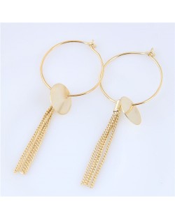 Round Plates and Tassel Chain Decorated Golden Hoop Fashion Earrings