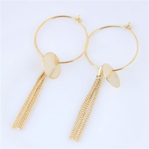 Round Plates and Tassel Chain Decorated Golden Hoop Fashion Earrings