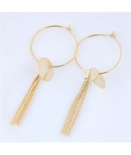 Round Plates and Tassel Chain Decorated Golden Hoop Fashion Earrings