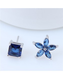 Ink Blue Cubic Zirconia Flower Design Asymmetric Costume Earrings