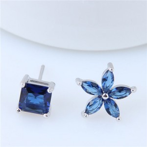 Ink Blue Cubic Zirconia Flower Design Asymmetric Costume Earrings