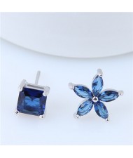 Ink Blue Cubic Zirconia Flower Design Asymmetric Costume Earrings