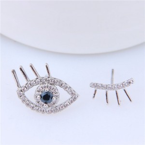 Glistening Cubic Zirconia Eye and Eyelashes Design Asymmetric Fashion Earrings