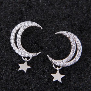 Moon and Star Shining Cubic Zirconia High Fashion Earrings
