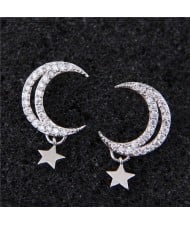 Moon and Star Shining Cubic Zirconia High Fashion Earrings