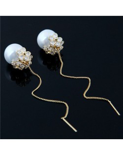 Delicate Cubic Zirconia Inlaid Flowers Attached Pearl Fashion Premium Costume Earrings