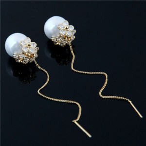 Delicate Cubic Zirconia Inlaid Flowers Attached Pearl Fashion Premium Costume Earrings