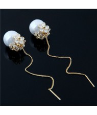 Delicate Cubic Zirconia Inlaid Flowers Attached Pearl Fashion Premium Costume Earrings