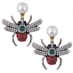 Rhinestone Inlaid Shining Bee Women Fashion Earrings - Red