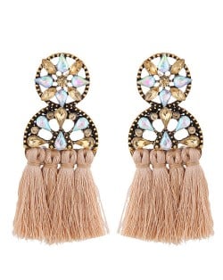 Cotton Threads Resin Gems Combined Hollow Floral Design Women Statement Earrings - Khaki