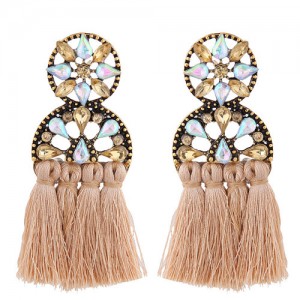 Cotton Threads Resin Gems Combined Hollow Floral Design Women Statement Earrings - Khaki