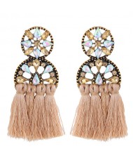 Cotton Threads Resin Gems Combined Hollow Floral Design Women Statement Earrings - Khaki