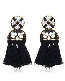 Cotton Threads Resin Gems Combined Hollow Floral Design Women Statement Earrings - Black