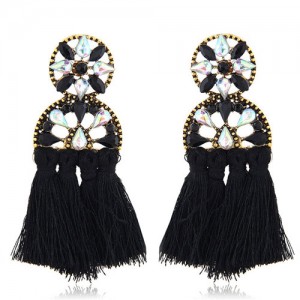 Cotton Threads Resin Gems Combined Hollow Floral Design Women Statement Earrings - Black