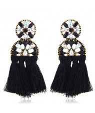 Cotton Threads Resin Gems Combined Hollow Floral Design Women Statement Earrings - Black