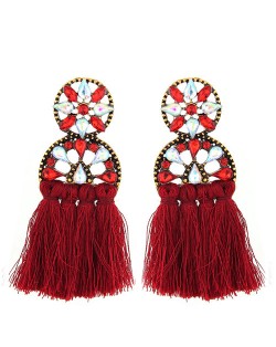 Cotton Threads Resin Gems Combined Hollow Floral Design Women Statement Earrings - Red