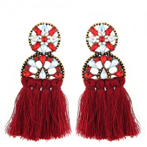 Cotton Threads Resin Gems Combined Hollow Floral Design Women Statement Earrings - Red