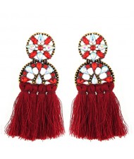 Cotton Threads Resin Gems Combined Hollow Floral Design Women Statement Earrings - Red