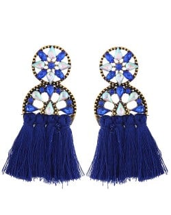 Cotton Threads Resin Gems Combined Hollow Floral Design Women Statement Earrings - Blue