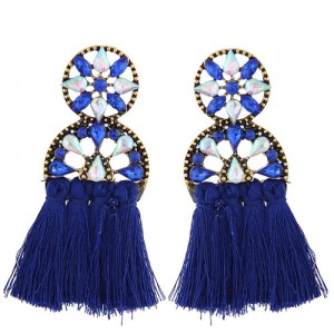 Cotton Threads Resin Gems Combined Hollow Floral Design Women Statement Earrings - Blue