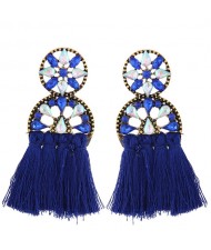 Cotton Threads Resin Gems Combined Hollow Floral Design Women Statement Earrings - Blue