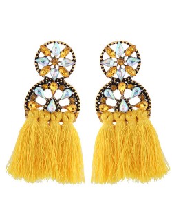 Cotton Threads Resin Gems Combined Hollow Floral Design Women Statement Earrings - Yellow
