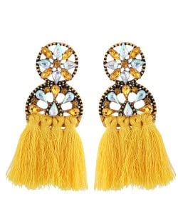 Cotton Threads Resin Gems Combined Hollow Floral Design Women Statement Earrings - Yellow