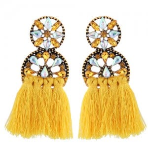 Cotton Threads Resin Gems Combined Hollow Floral Design Women Statement Earrings - Yellow