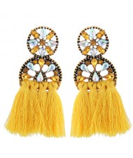 Cotton Threads Resin Gems Combined Hollow Floral Design Women Statement Earrings - Yellow